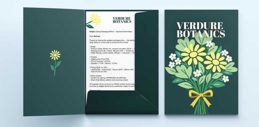 Otevřené firemní desky s dokumentem a květinovým designem značky „Verdure Botanics“ na tmavě zeleném pozadí.