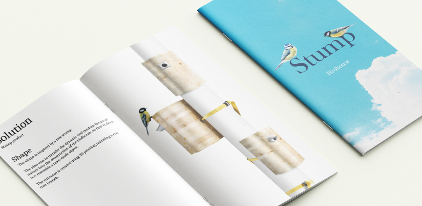An open brochure with an illustration of a birdhouse and a blue cover placed on a light background.