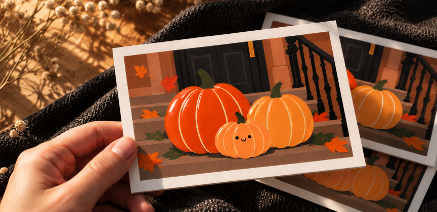 Eine Postkarte mit herbstlichem Kürbismotiv und glänzenden Details, die in der Hand gehalten wird.